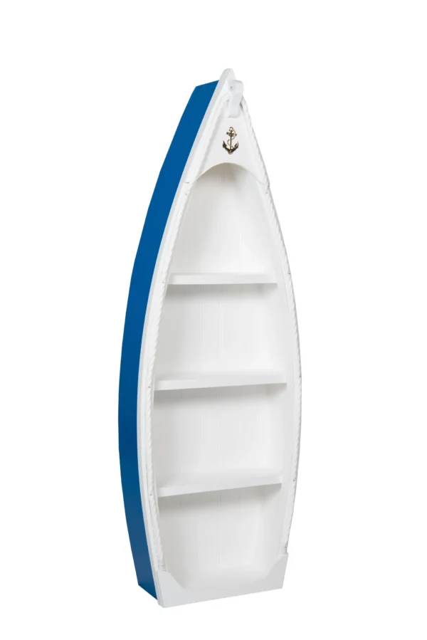bookshelf rowboat small bright blue white